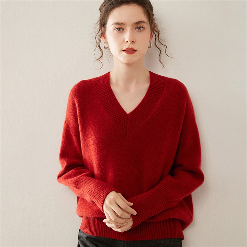 大V领宽松慵懒风山羊绒衫女加厚套头羊毛针织上衣长袖打底衫毛衣,女装羊绒衫,暖凌绒