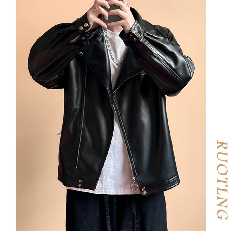 现货-春装皮衣外套男翻领休闲皮夹克潮牌PU机车服A506P90加绒100,男装夹克,电商A351