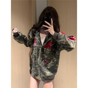 美式潮牌迷彩连帽卫衣男女秋冬2025新款慵懒风overseas开衫外套图片