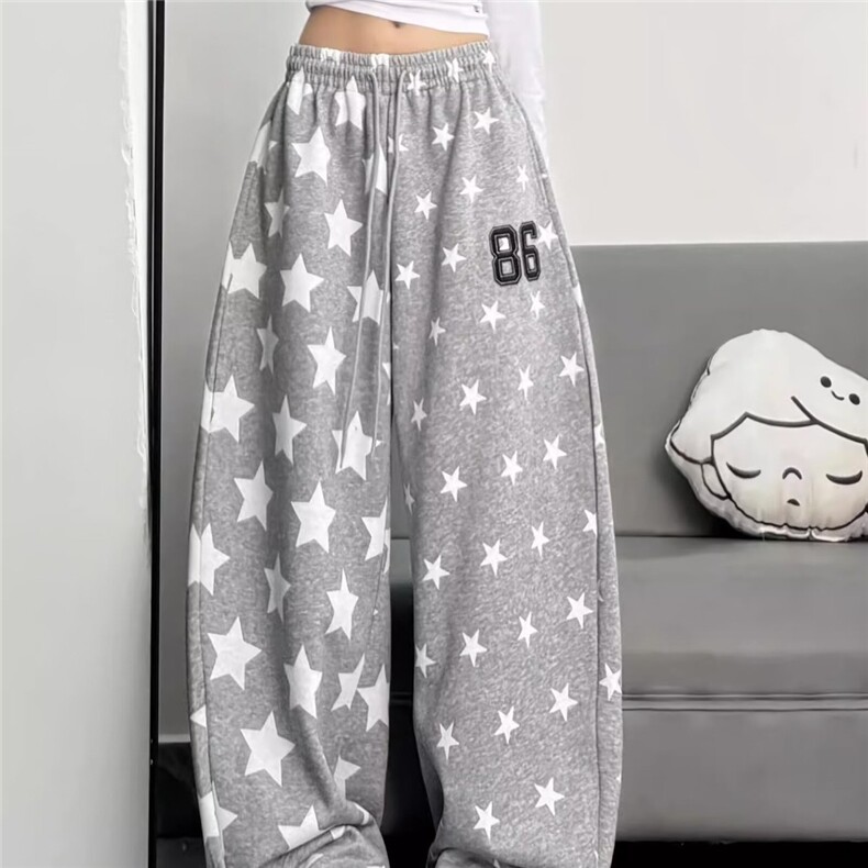 满印星星休闲阔腿裤女2025新款秋季超火宽松慵懒百搭街舞运动裤,女装休闲裤,星座506A