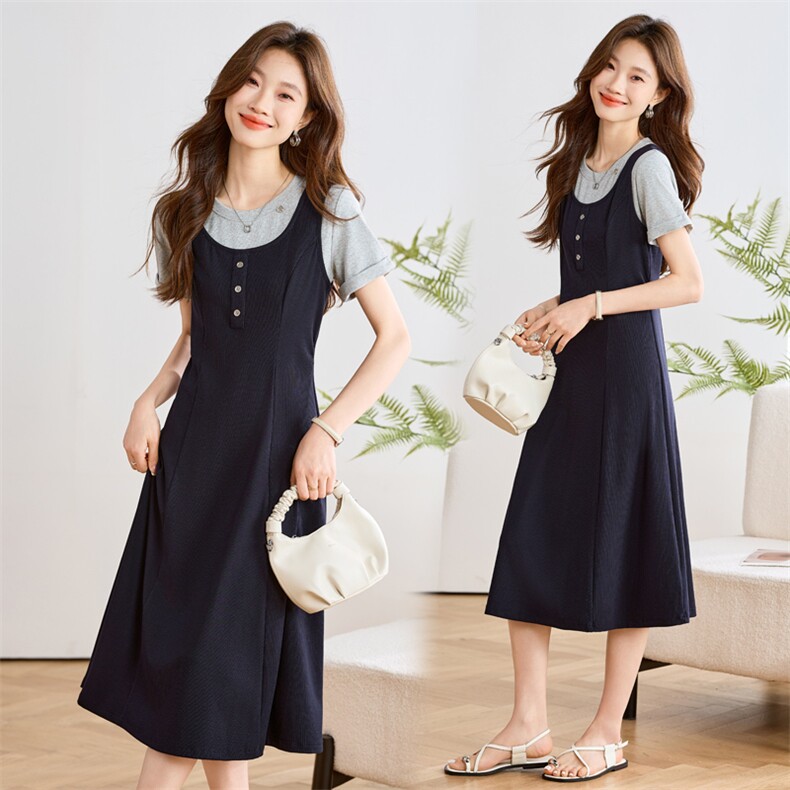 假两件圆领连衣裙女2025年夏季新款气质收腰中长款T恤裙，女装连衣裙，辉之琳