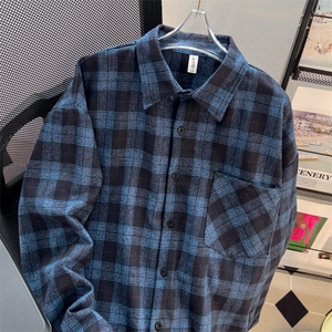 F76-P46 2024新款潮牌格子衬衫外套男秋季美式复古宽松长袖衬衣图片