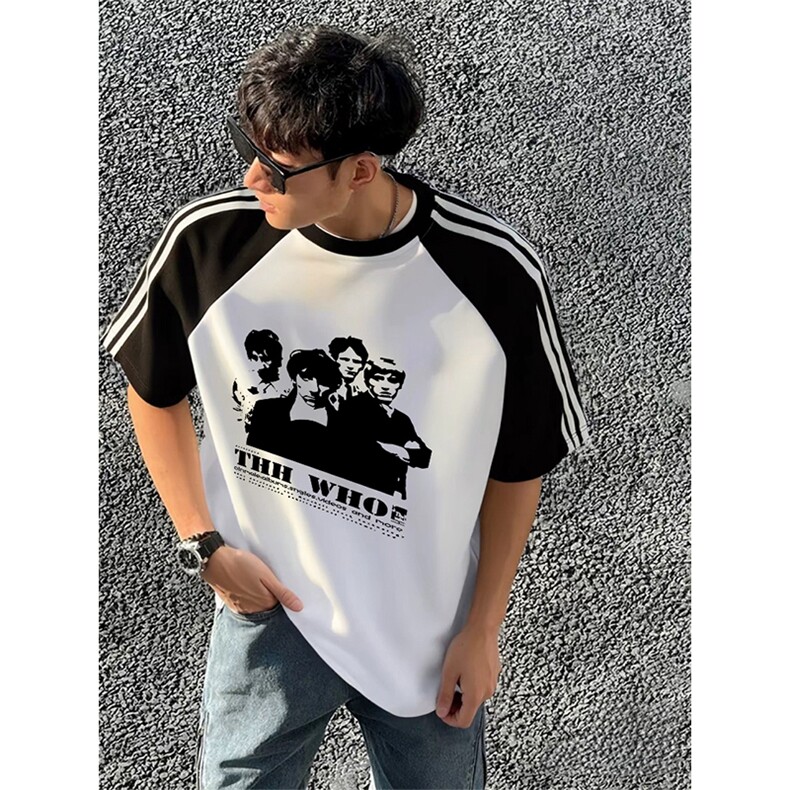 抖音得物品质二开240克宽松纯棉美式潮牌插肩三杠织带短袖T恤图片