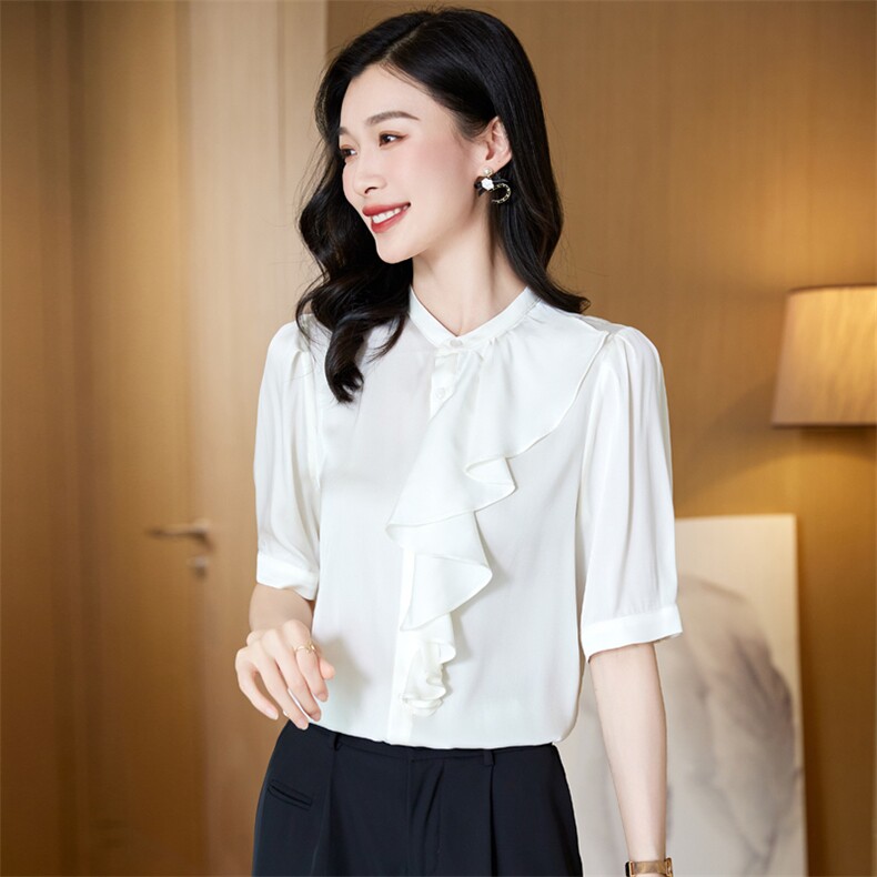 真丝衬衫女七分袖夏装2024女装年轻百搭纯色桑蚕丝温柔高阶感上衣图片