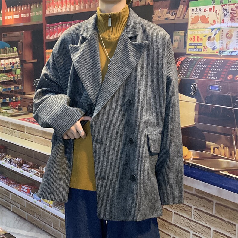 毛呢外套休闲潮灰色小西服上衣潮流ins双排扣呢子大衣W1734-P60,男装夹克,星座512-2