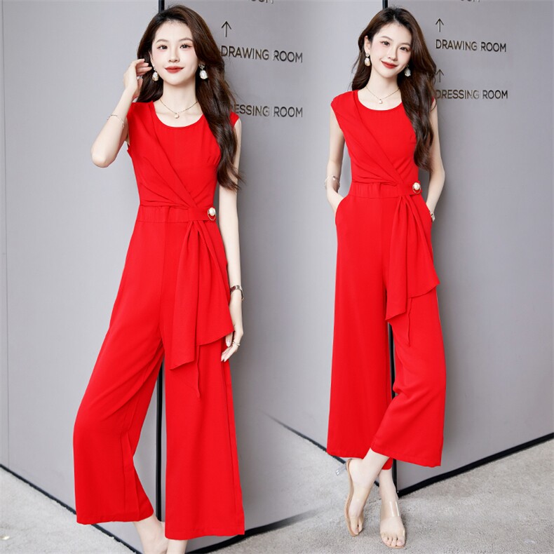 现货2024年夏季时尚休闲修身通勤拼接连体裤阔腿裤，女装休闲裤，时尚俏佳人