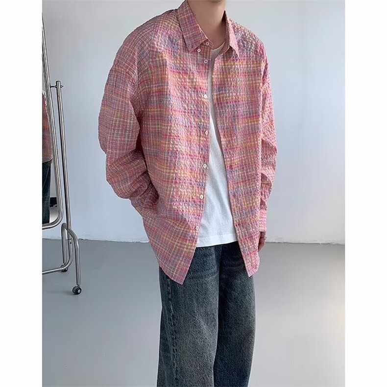 设计感格子纹泡泡袖衬衫男宽松廓形衬衣外套防晒秋季LSD51P39,男装衬衫,星座1013-5