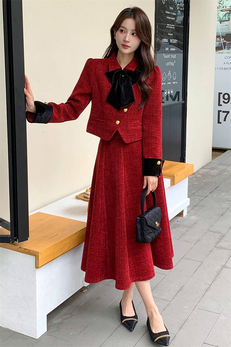 2025年冬季新款简约气质撞色拼接粗花呢小香风加棉套裙,女装套装/套裙,心心服饰
