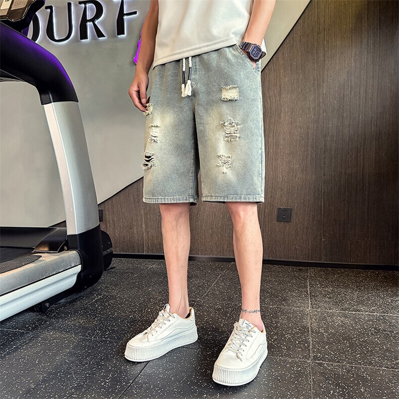 2025新款夏季水洗牛仔短裤男士破洞印花休闲五分裤潮男901N28P38,男装牛仔裤,星座901
