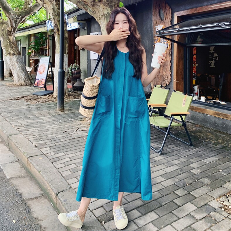 蓝色泡泡袖连衣裙女2025夏季新款法式气质收腰显瘦中长款a字裙子,女装连衣裙,2C158