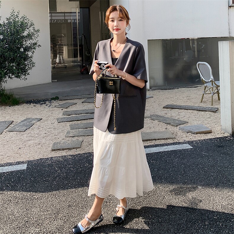 韩系气质V领袖口波点拼接西装外套女2025夏季新款配丝巾时尚西服,女装西装,1C151