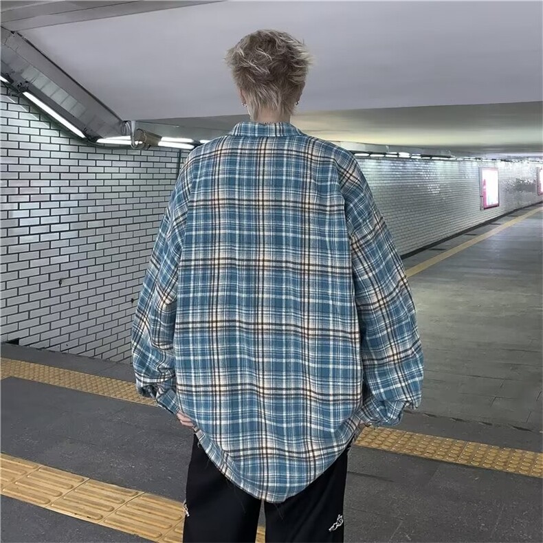 美式复古格子衬衫男女cleanfit痞帅宽松休闲长袖衬衣C7998-p45,男装衬衫,星座1008-2