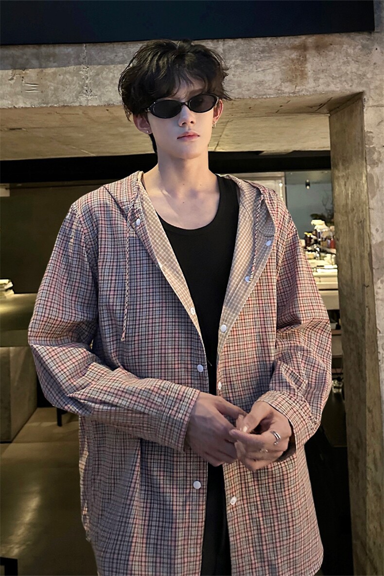 春秋男士韩系学院风设计长袖连帽格子款式衬衫外套上衣P60,男装衬衫,电商B319