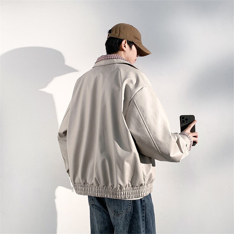 格纹假两件翻领皮衣夹克男ins高街潮牌原宿风宽松夹克JK093-P85，男装皮衣，星座308B-2