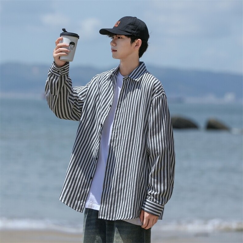 25年春季条纹衬衫长袖大码宽松落肩现货DS-C323-1-2378-特批30，男装衬衫，电商C323-1