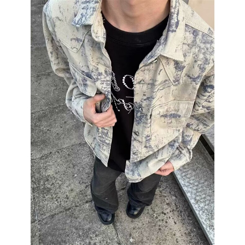 美式复古水洗做旧扎染牛仔夹克男ins潮牌高街多口袋宽松工装外套,男装夹克,星座410-7