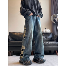 秋季高腰水洗侧边大破洞阔腿帅痞显瘦仿旧感十足牛仔裤，男装休闲裤，星座1013