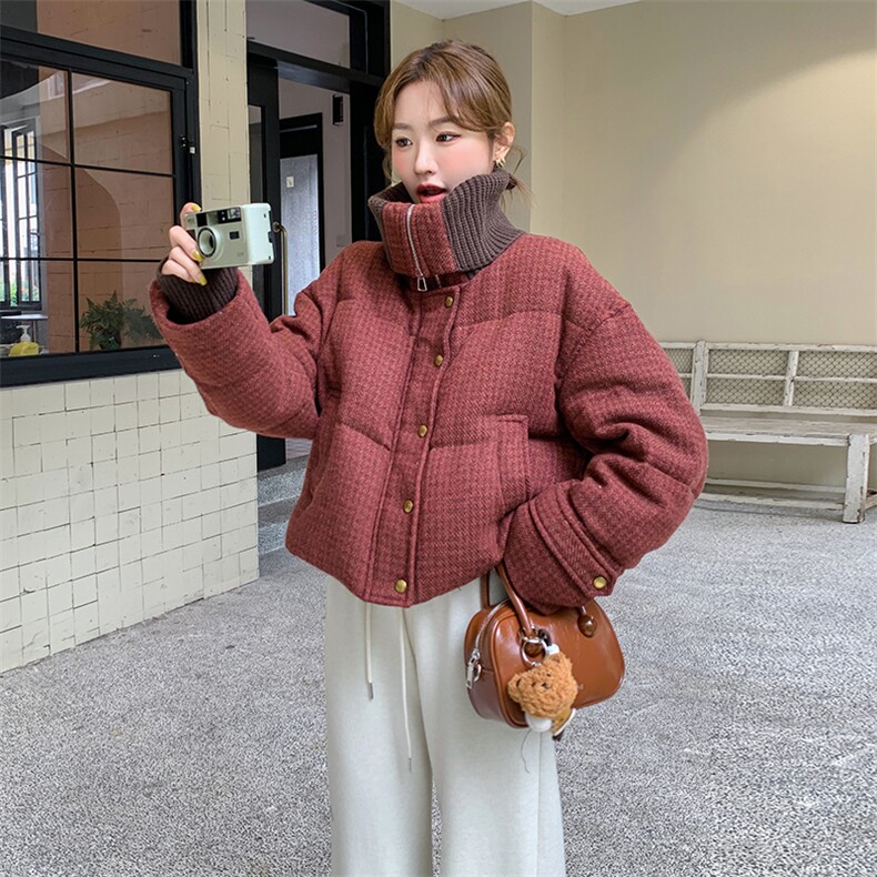 小香风红格子羽绒服女冬季针织大翻领短款面包服小个子流行,女装羽绒服,2C203