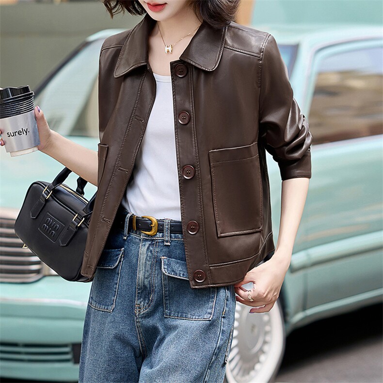 现货新款海宁皮衣女短款高级仿绵羊皮长袖时尚翻领夹克外套春秋，女装皮衣，跑量工厂店