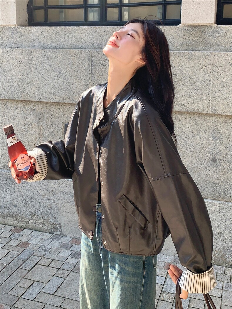 咖色皮衣短外套女春秋2025新款复古立领机车服休闲夹克上衣1391,女装皮衣,欣美人