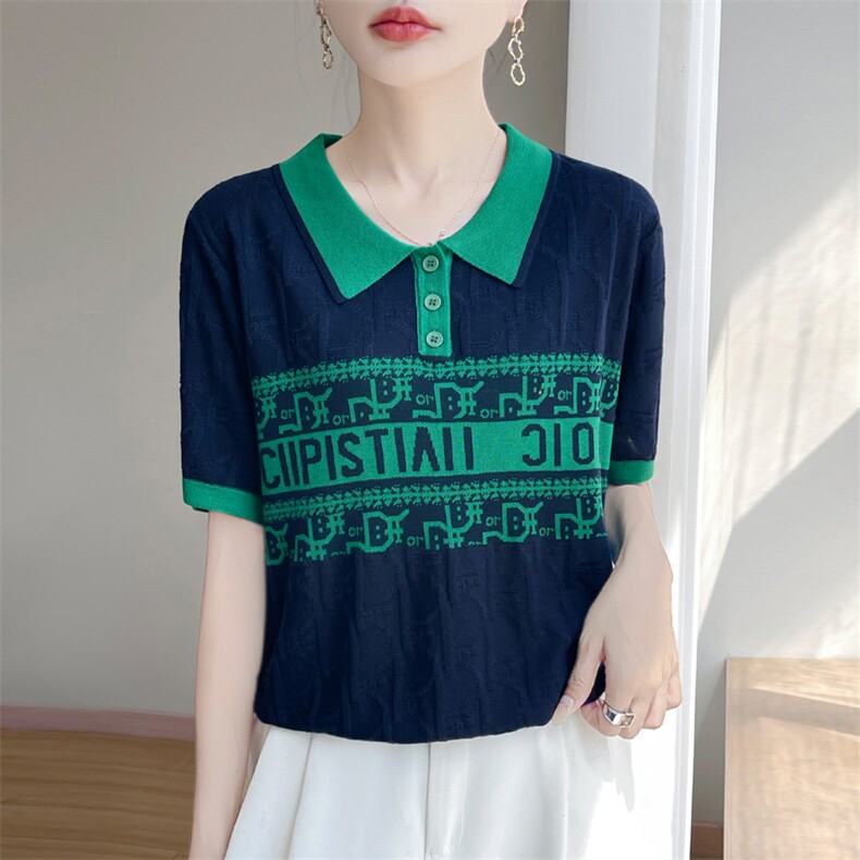 夏季新款天丝polo领拼色字母提花短袖女宽松百搭显瘦时尚休闲上衣,女装T恤,暖娇绒包芯纱店