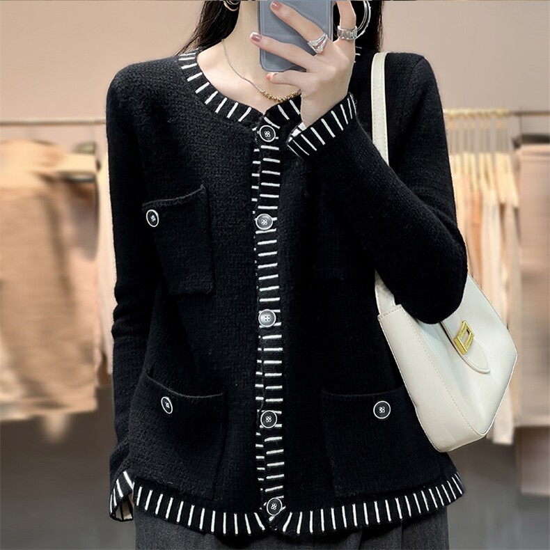 秋冬新款女圆领外搭纯色韩版毛衣外套显瘦羊毛开衫图片