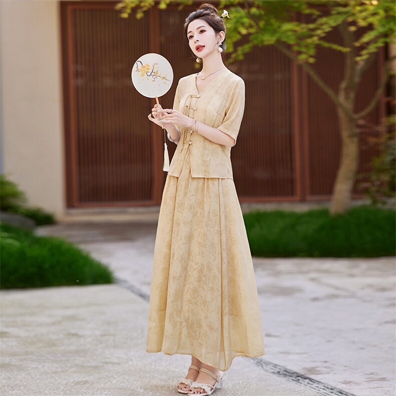 新中式国风套装裙女2024夏新款提花盘扣衬衫高腰显瘦半身裙两件套,女装套装/套裙,芷墨服饰