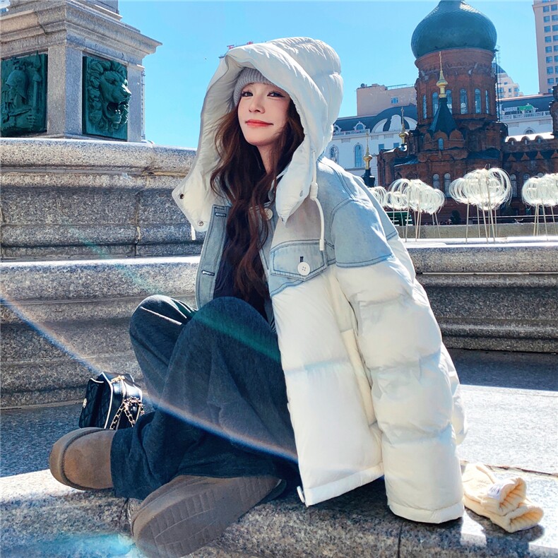 时尚撞色牛仔拼接羽绒服女冬季新款小个子设计感保暖外套面包服,女装羽绒服,2C325