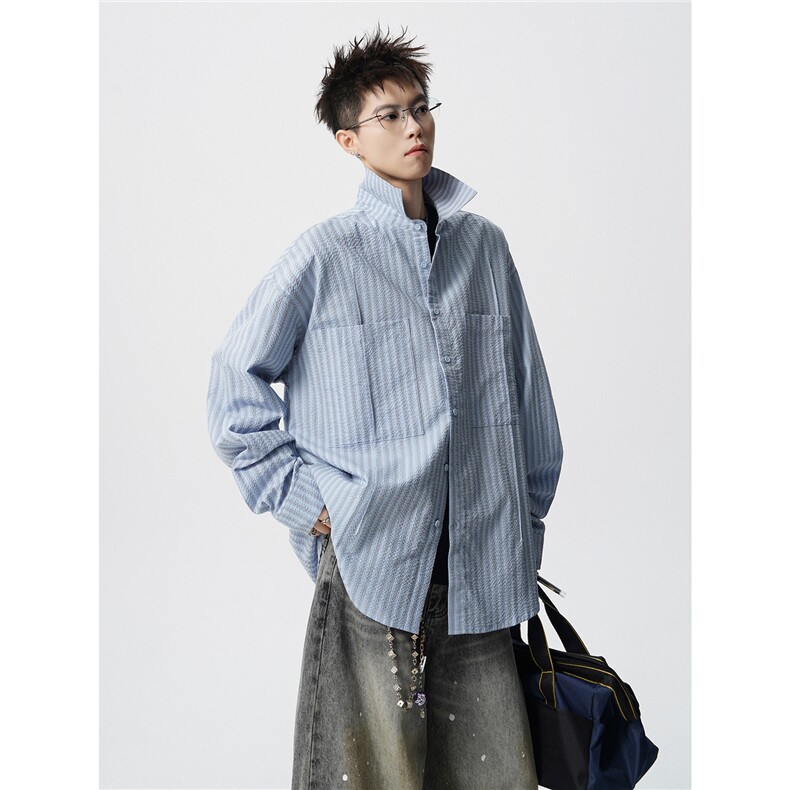 立体泡泡纱肌理条纹衬衫M-5XL大码高智感长袖衬衣CS78115P65控98，男装衬衫，星座227-7