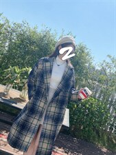 812#呢料格子长款外套，其它，米社