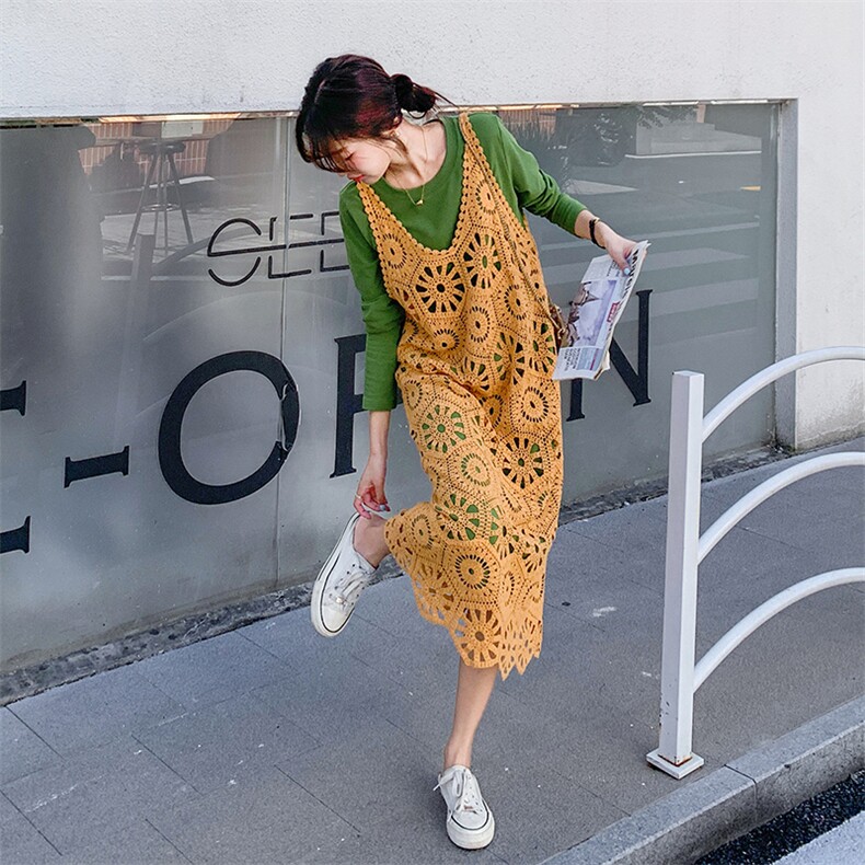 慵懒松弛穿搭蕾丝背心叠穿绿色T恤连衣裙女春秋休闲长裙两件套装,女装套装/套裙,新思路
