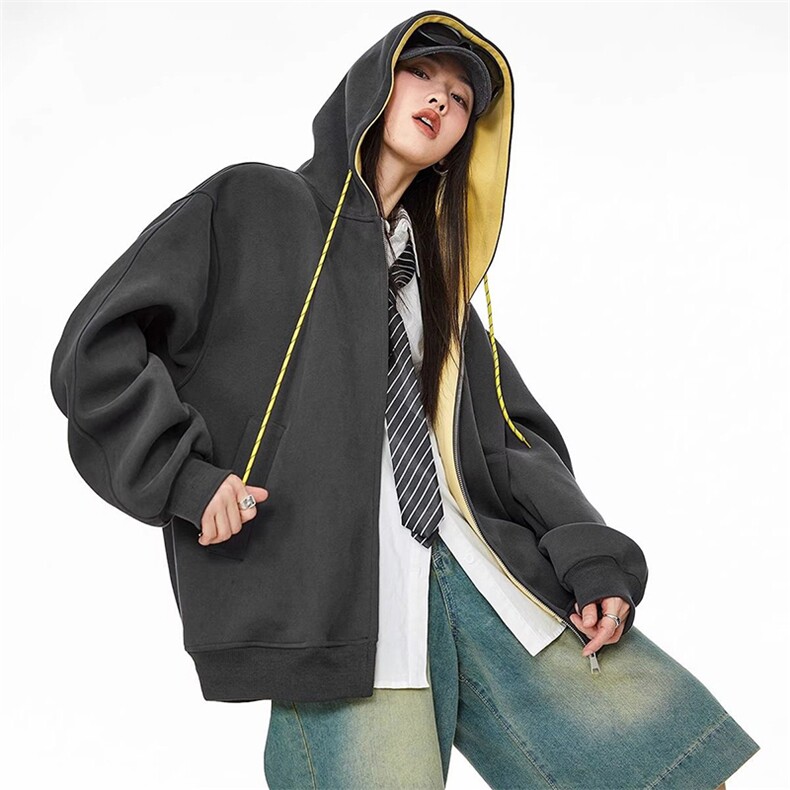 抖音得物二开美式高街重磅结构双层撞色连帽卫衣开衫外套W116，男装卫衣，电商A486