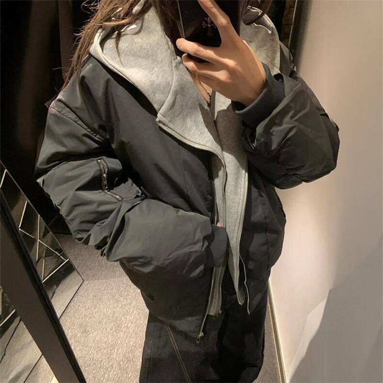 美式复古时尚连帽棉服外套冬季宽松加厚假两件面包服棉衣图片