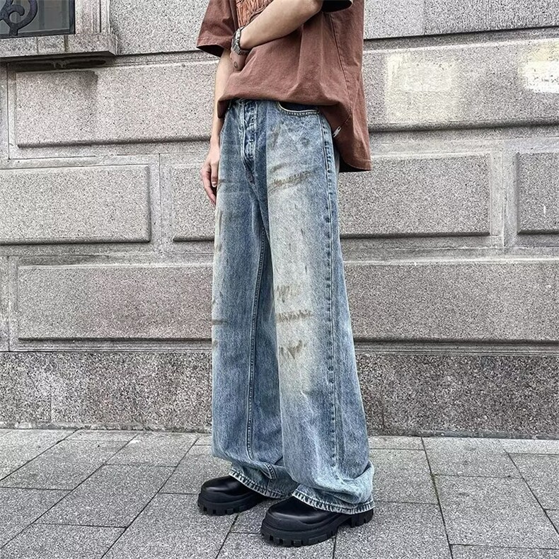 美式复古兰做旧牛仔裤男高街水洗直筒潮牌阔腿裤1001-1-GY967-P50,男装牛仔裤,星座1001-1