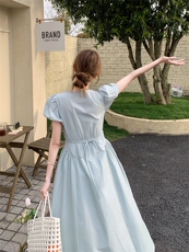法式蓝色泡泡袖方领连衣裙女夏季2025新款高级感气质收腰显瘦长裙，女装连衣裙，浙宝301