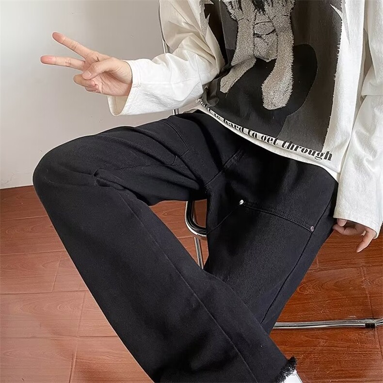 高街美式棋盘格刺绣牛仔裤男宽松阔腿设计感小众vibe裤子A129P42图片