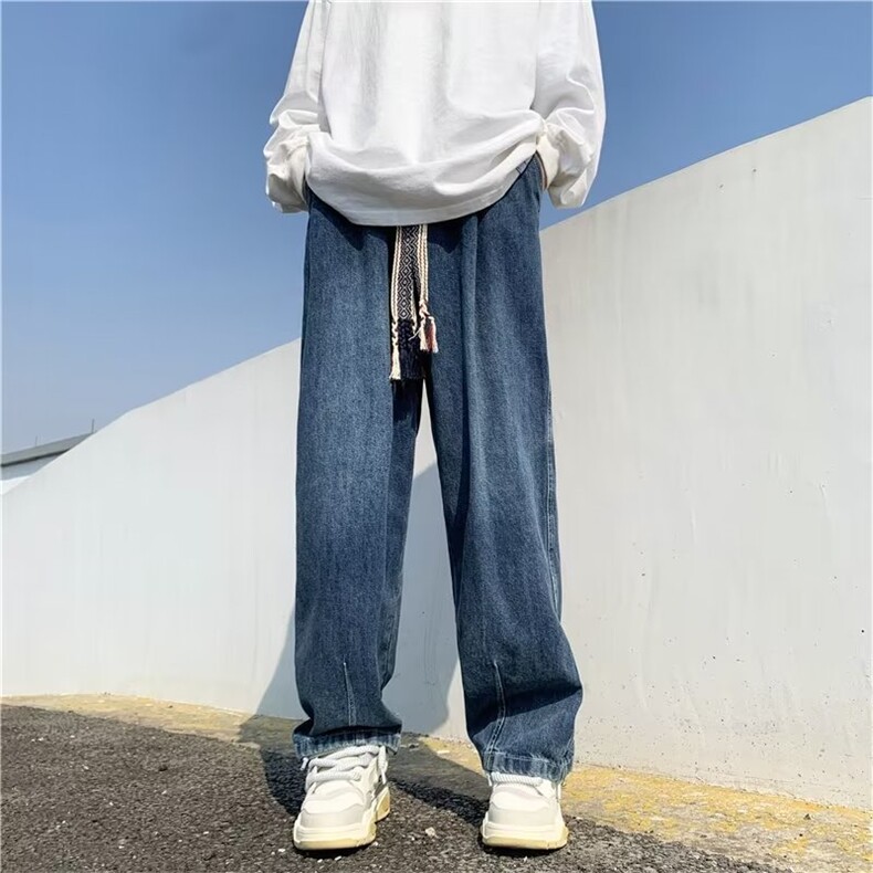 织带拖地牛仔裤男女复古阔腿裤oversize宽松设计感直筒裤NG02-P48,男装牛仔裤,星座1008-1