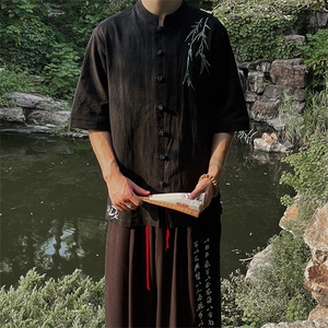 夏季新中式风刺绣竹叶立领五分袖衬衫男MT2308-P65图片