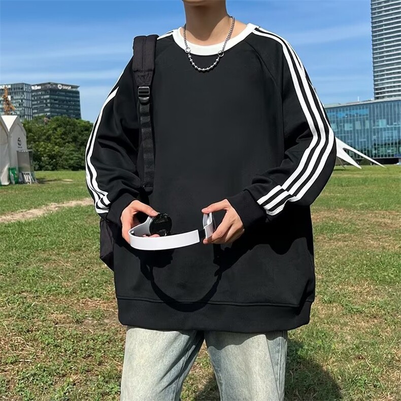 美式三条杠圆领套头卫衣男春季vibe潮牌宽松休闲纯色衣服Q00/P36,男装卫衣,星座506