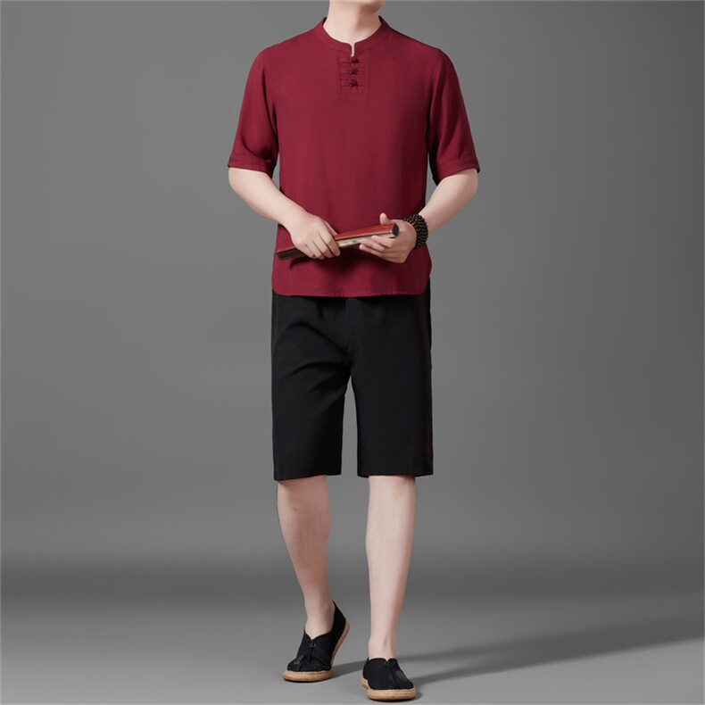 棉麻盘扣2025夏季亚麻绣花大码风男士透气短裤套装MJ5105B-P95，男装休闲套装，星座1105-3