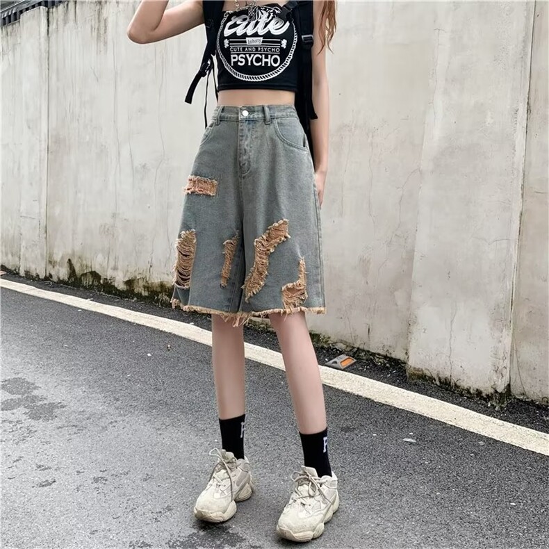 夏季美式高街毛边潮流牛仔短裤女宽松炸街破洞五分裤D7044-p36,男装牛仔裤,星座1008-2