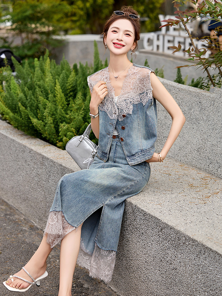 牛仔套装裙2025夏季新款气质女神范高端绝美小香风蕾丝一整套穿搭,女装套装/套裙,布芭啦