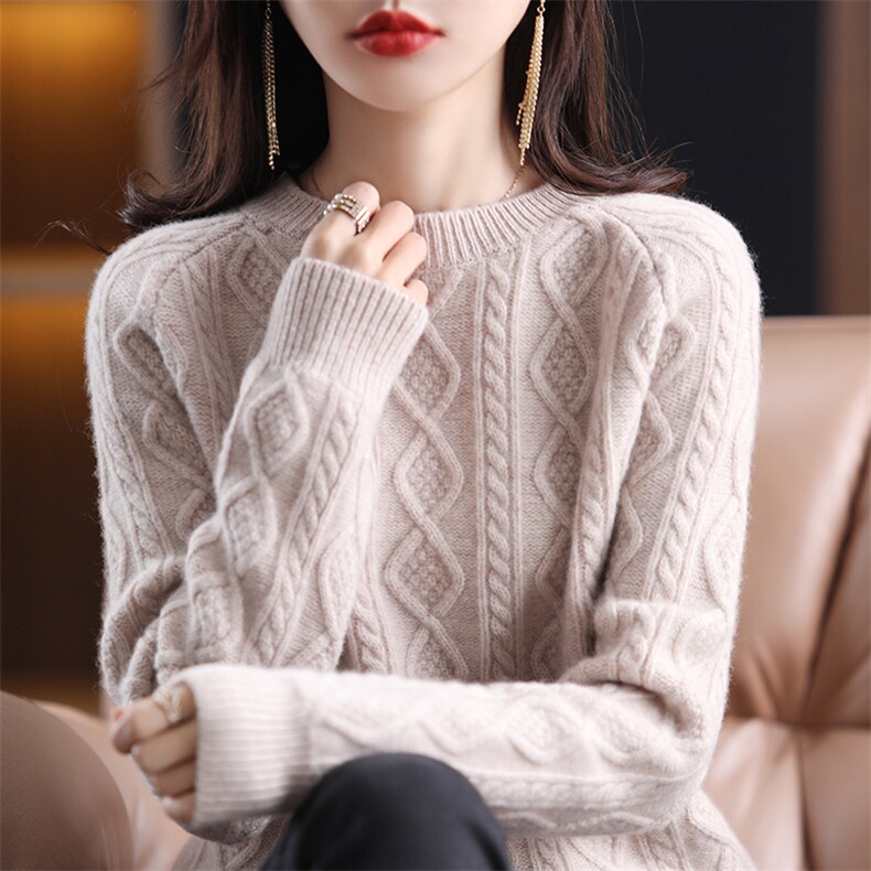 圆领麻花羊毛衫女秋冬新款复古羊绒衫短款宽松加厚套头打底毛衣潮,女装羊毛衫,奢优羊绒