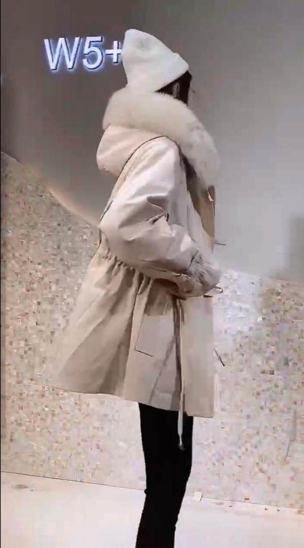 2021冬季新款时尚真狐狸毛领可拆卸袖抽褶皮草派克服,女装皮草,L·H·X