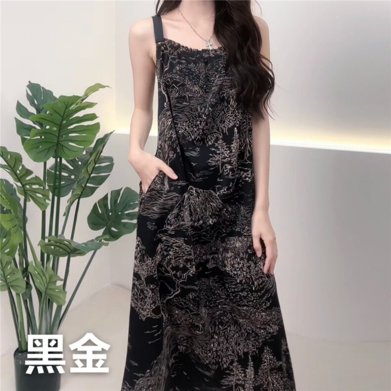 轻奢宽松长裙印花吊带女款夏季缎料无袖气质时尚外穿连衣裙潮,女装连衣裙,思沃羊绒