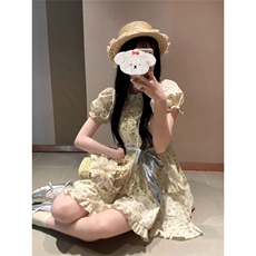 娃娃领泡泡袖碎花连衣裙女收腰显瘦法式茶歇小个子复古中长款裙子，女装连衣裙，星座506A