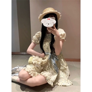 娃娃领泡泡袖碎花连衣裙女收腰显瘦法式茶歇小个子复古中长款裙子图片