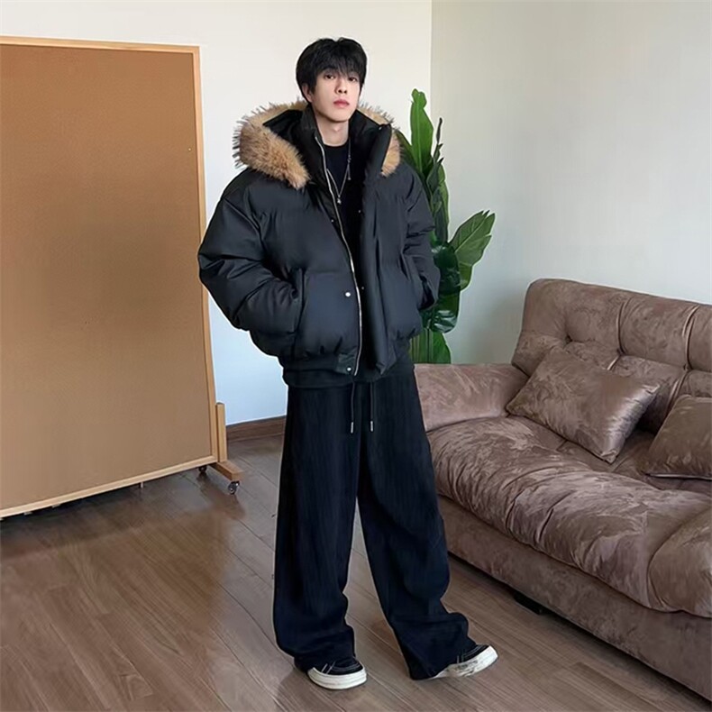 现货三防重磅硬挺boxy短款羽绒棉衣座山雕大毛毛领PU皮棉服外套冬,男装棉衣,电商A486-1
