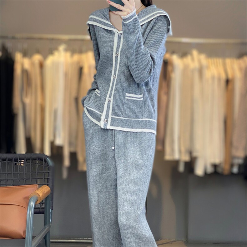 时尚显瘦海军领拼色针织套装女秋冬季新款宽松休闲两件套毛衣裤,女装套装/套裙,宛庄羊绒