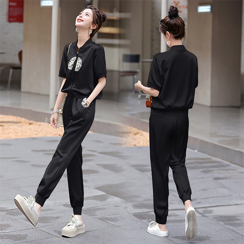 新中式国风刺绣休闲运动套装女2025夏季新款时尚棒球服短袖两件套,女装套装/套裙,半夏